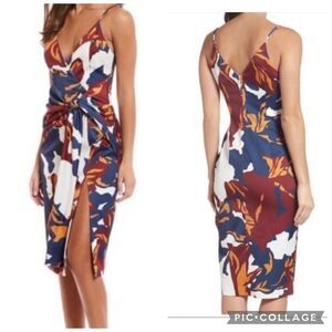C/MEO Collective Midi Dress XS Side Slit Straps Colorful Cocktail Party Blue Red